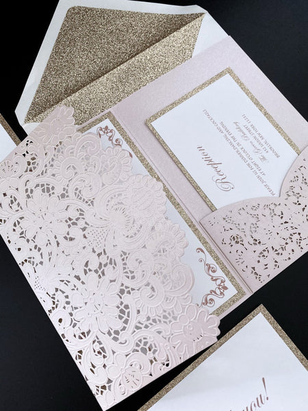 Elegant Pink and Gold Wedding Invitations with gold backer (4)