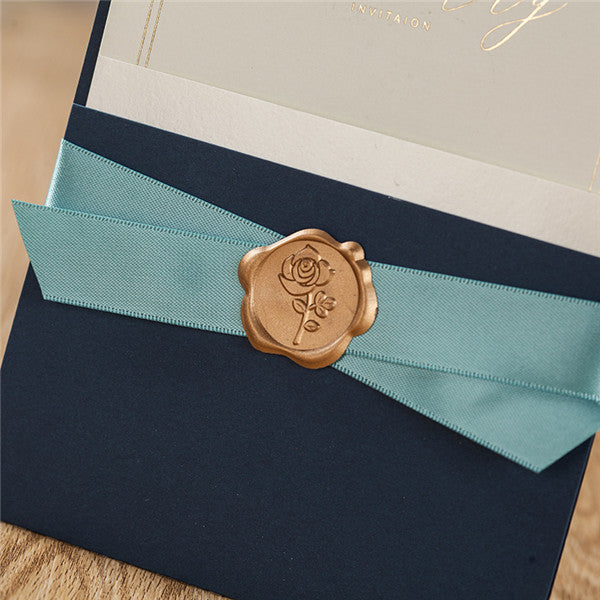 Elegant and stylish blue pocket wedding invitations with luxury seal LC071 (5)