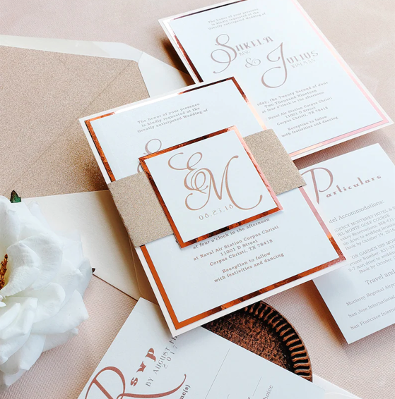 Elegant blush Wedding Invitations with Foil and Belly Band (1)