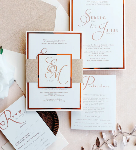 Elegant blush Wedding Invitations with Foil and Belly Band (4)