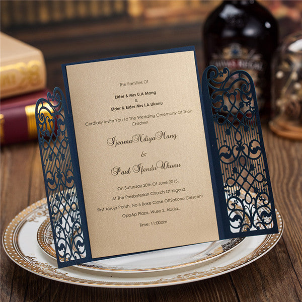 Elegant navy blue laser cut wedding invitations with equisite engraving LC010_2