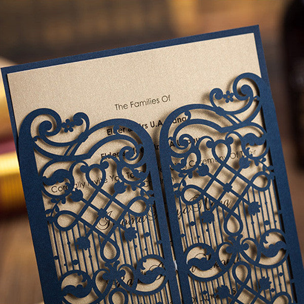 Elegant navy blue laser cut wedding invitations with equisite engraving LC010_3