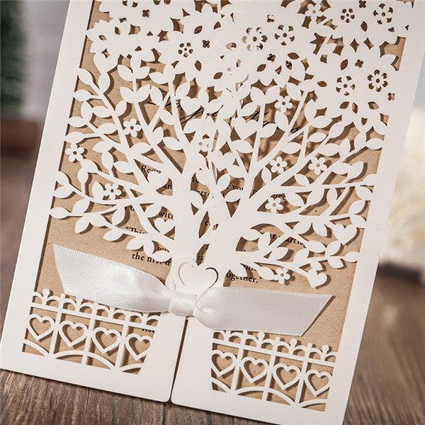 Elegant white tree laser cut wedding invitations with ribbons LC015_4