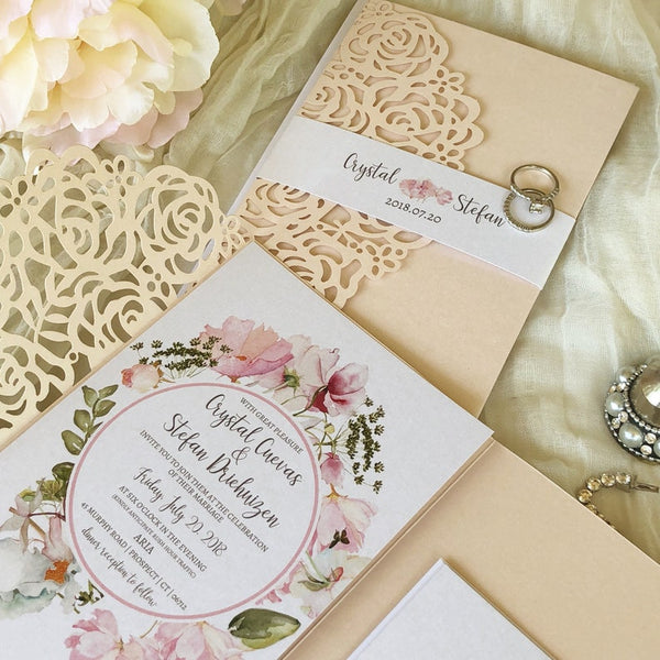 Exquisite Blush Shimmer and White Shimmer Laser Cut Wedding Invitation