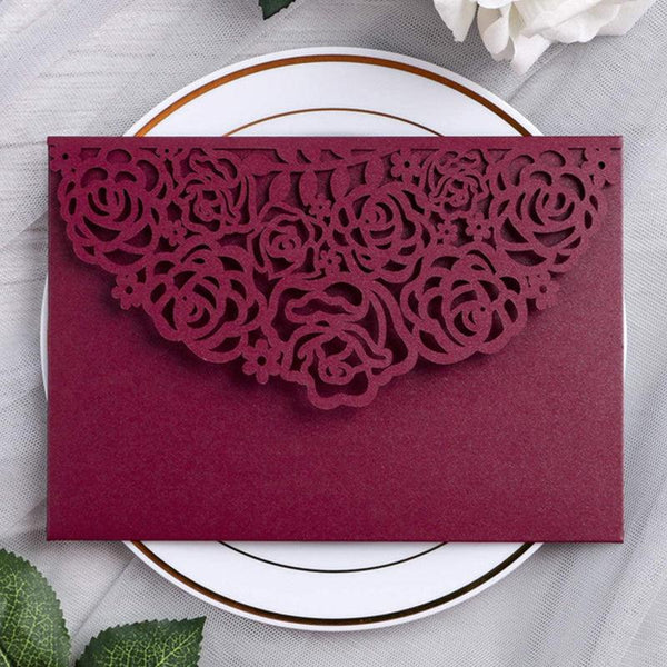 Exquisite Burgundy Tri-folded Laser Cut Wedding Invitations (2)