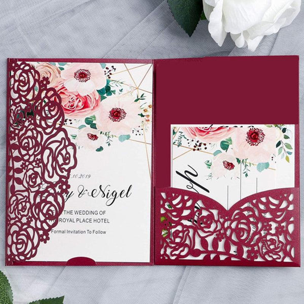 Exquisite Burgundy Tri-folded Laser Cut Wedding Invitations