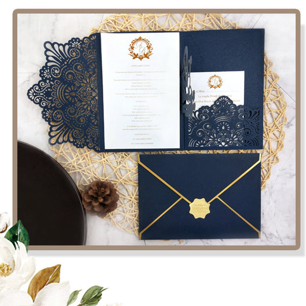Exquisite Navy Pop up Laser Cut Wedding Invitations with Monogram and Floral Pattern Lcz087 (3)