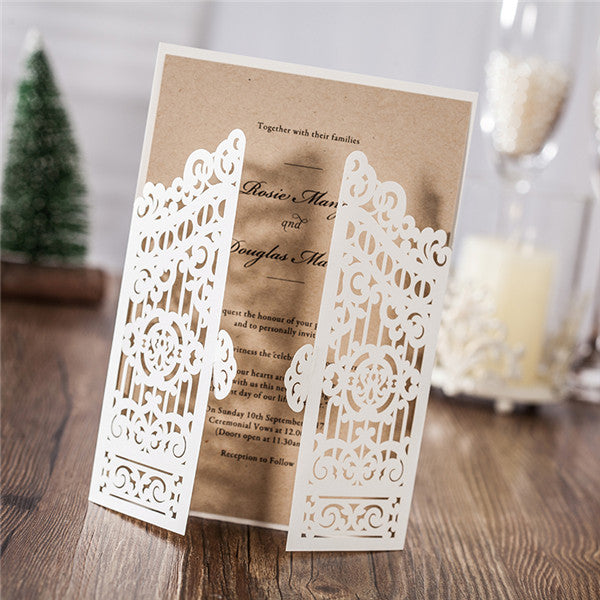 Exquisite three-folded white laser cut wedding invitations with gorgeous design LC074 (2)