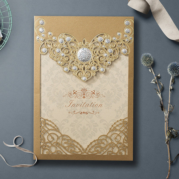 Eye-catching Gold Pocket Laser Cut Wedding Invitations with Amazing Silver Accessories Lcz098 (4)