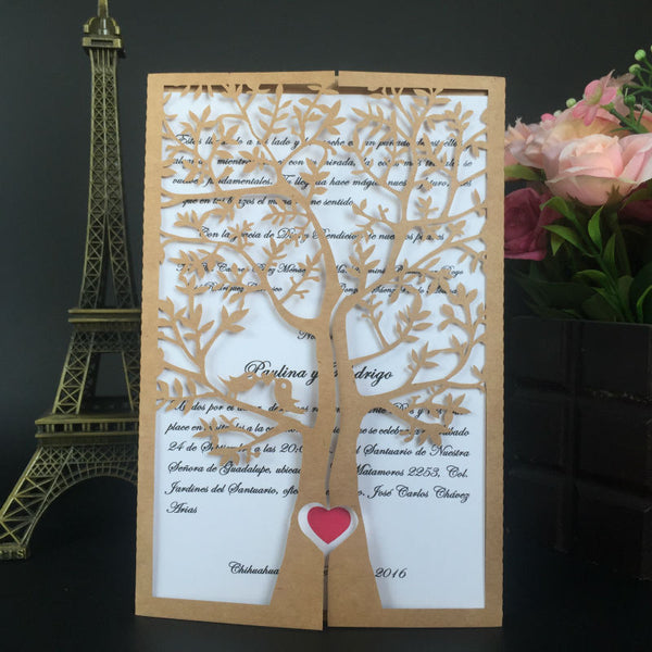 Eye-catching Tree Laser Cut Wedding Invitations with Romantic Heart and Ribbon Lcz053 (1)
