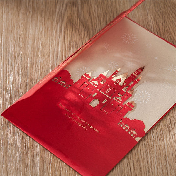Festive red and gold laser cut wedding invitations with hugging couples LC077 (2)