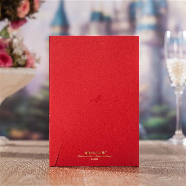 Festive red and gold laser cut wedding invitations with hugging couples LC077 (6)