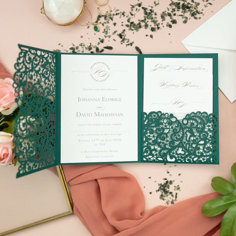 Forest Green Lser Cut Wedding Invitations with Pocket