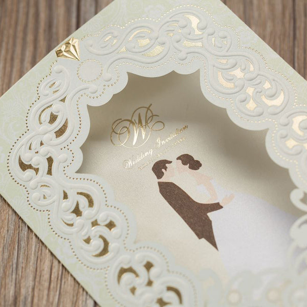 Framed Ivory Laser Cut Wedding Invitations with Couples' Photo and Gold Inlay Lcz100 (2)