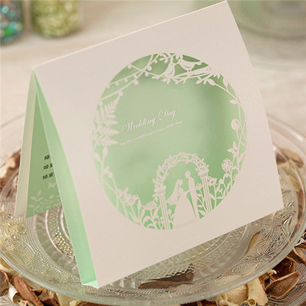 Funny white and mint laser cut wedding invitations with love brids LC023_2