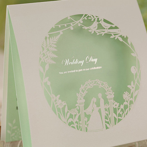 Funny white and mint laser cut wedding invitations with love brids LC023_5