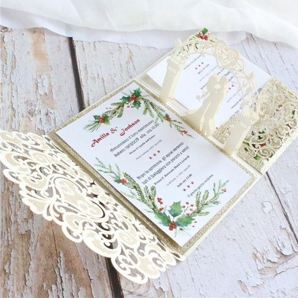 Glittery gold silver pop up laser cut wedding invitation card