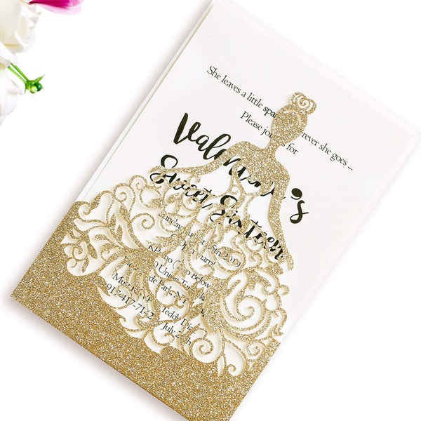 Gold Glitter Laser Cut Crown Wedding Invitations Cards For Birthday Sweet 15 (5)