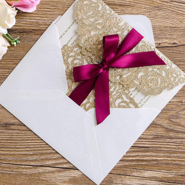 Gold Glitter Laser Cut Hollow Rose With Burgundy Ribbon Glitter Wedding Invitation Card (5)