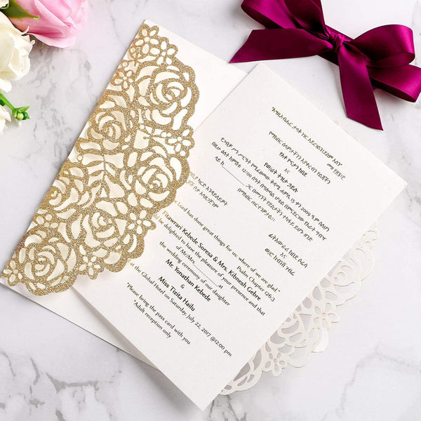 Gold Glitter Laser Cut Hollow Rose With Burgundy Ribbon Glitter Wedding Invitation Card (6)