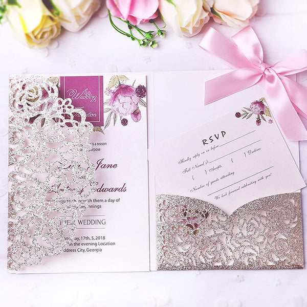 Gold Glitter Laser Cut Wedding Invitations Cards with Envelopes Ribbons (1)