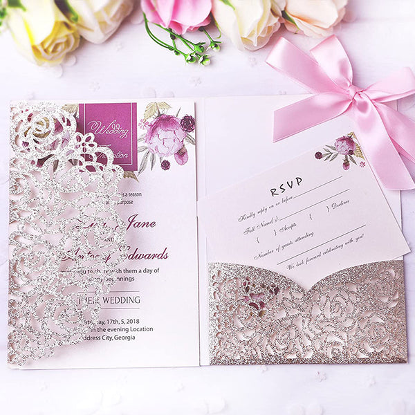 Gold Glitter Laser Cut Wedding Invitations Cards with Envelopes Ribbons (2)