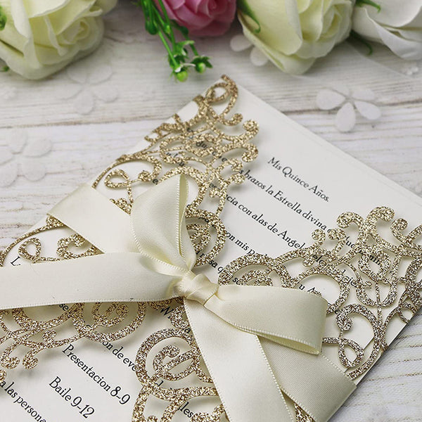 Gold Glitter Laser Cut Wedding Invitations Cards with Envelopes for Wedding Bridal Shower (4)