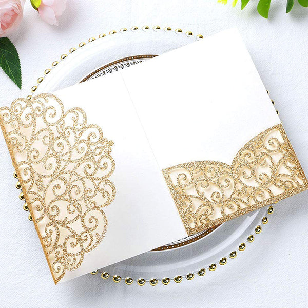 Gold Glitter Tri-Fold Laser Cut Wedding Invitation Pocket with Envelopes (2)