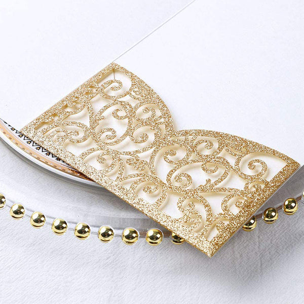 Gold Glitter Tri-Fold Laser Cut Wedding Invitation Pocket with Envelopes (3)