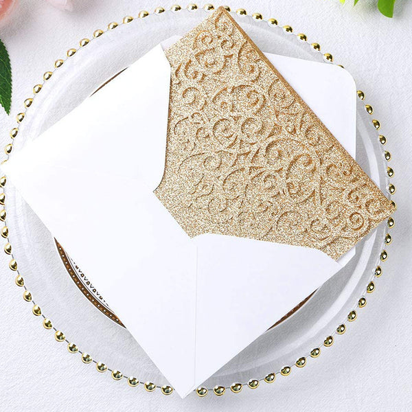 Gold Glitter Tri-Fold Laser Cut Wedding Invitation Pocket with Envelopes (5)