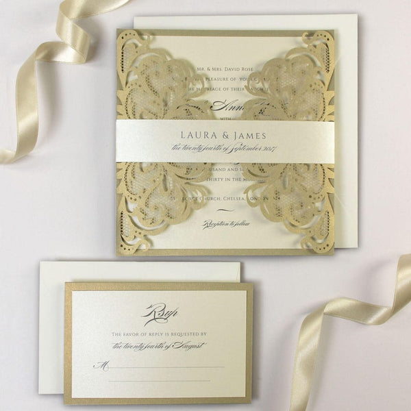 Gold and Cream Luxury Gatefold Laser cut Set Wedding Invitation (3)