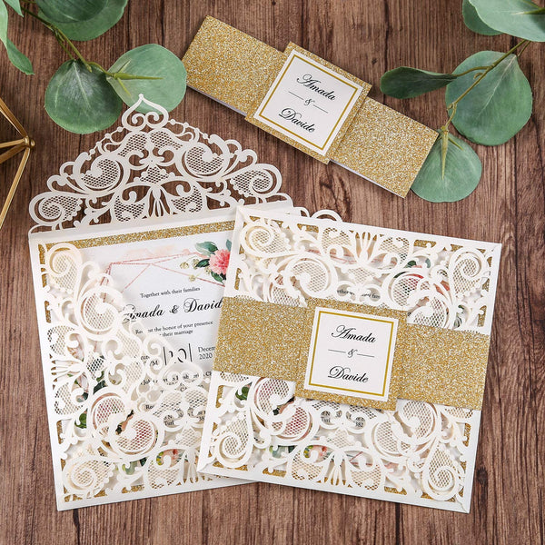 Gold and Navy Laser Cut Wedding Invitation with Glitter Belly Band (1)