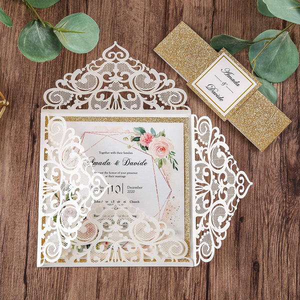 Gold and Navy Laser Cut Wedding Invitation with Glitter Belly Band (3)