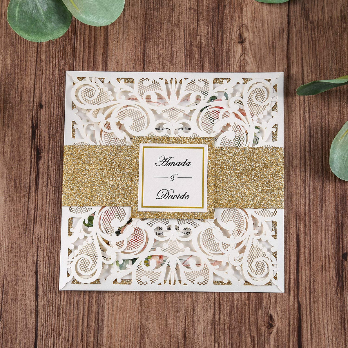 Elegant Navy and Gold Acrylic Wedding Invitation with Laser Cut Wrap EWPA018