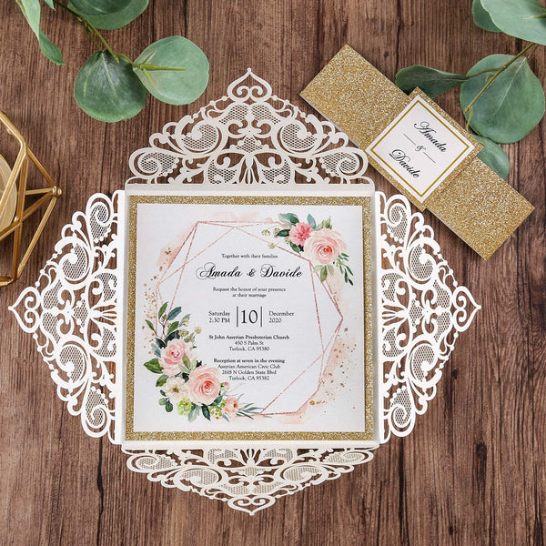 Gold and Navy Laser Cut Wedding Invitation with Glitter Belly Band