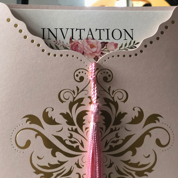 Gorgeous Royal Elegant Pink Pocket Wedding Invitations with Tassel Lcz088 (2)