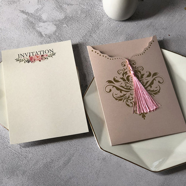 Gorgeous Royal Elegant Pink Pocket Wedding Invitations with Tassel Lcz088 (5)