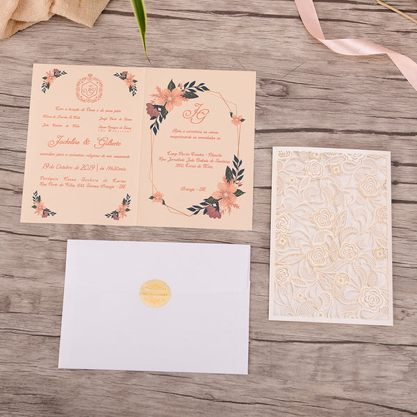 Gorgeous White and Gold Pocket Lace Laser Cut Wedding Invitations with Beads Inlay Lcz093 (2)