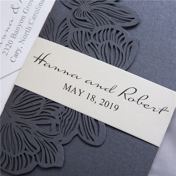 Grey and Gold Floral Laser Cut Wedding Invitation with Pocket (1)
