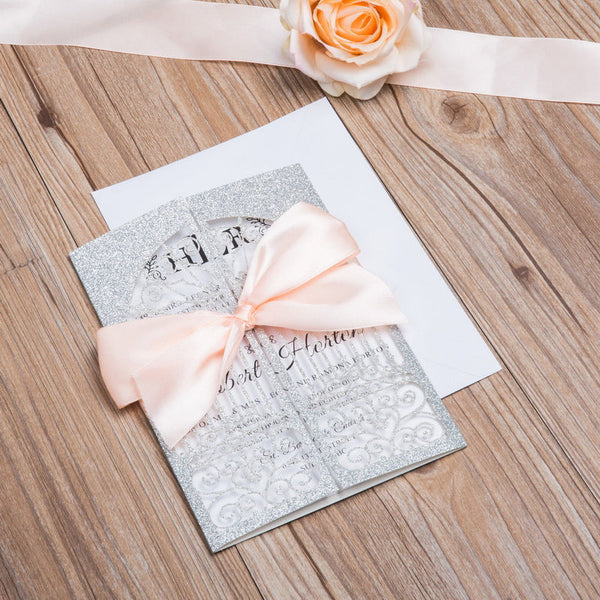 Impressive Silver Glittery Laser Cut Wedding Invitations with Ceremonial Gate and Eye-catching Pink Bow Tie Lcz085 (2)