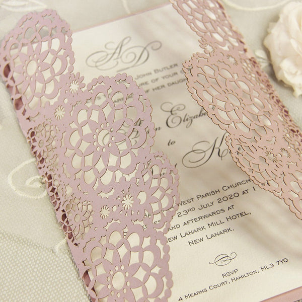 Intricate Metallic Rose Lace Filigree Laser Cut Wedding Invitations (2)