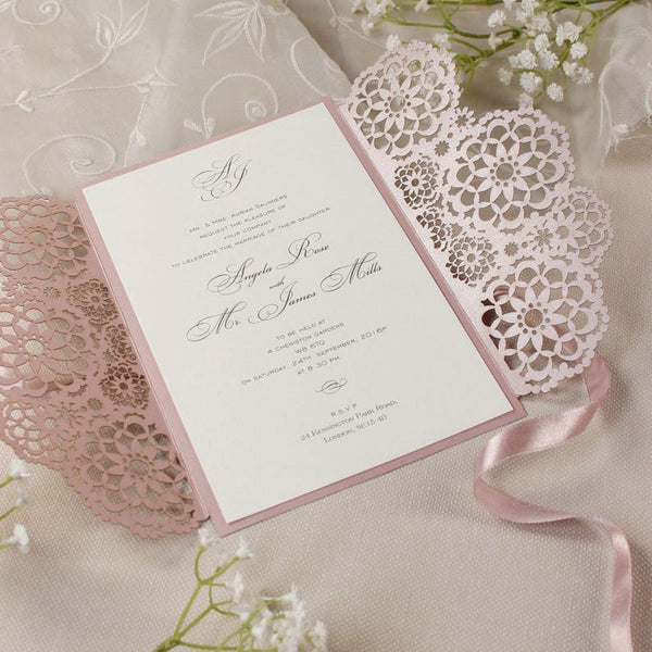 Intricate Metallic Rose Lace Filigree Laser Cut Wedding Invitations (3)