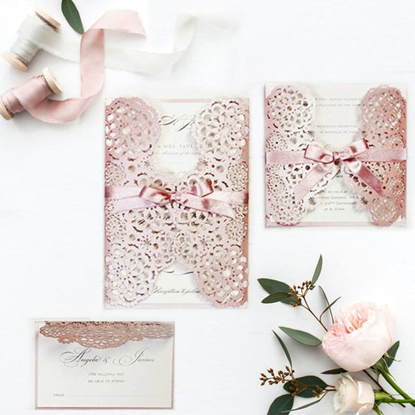 Intricate Metallic Rose Lace Filigree Laser Cut Wedding Invitations (5)