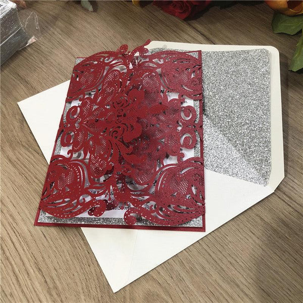 Intriguing Burrgundy Laser Cut Wedding Invitations with Sivler Glitter Backer and floral pattern Lcz051 (2)