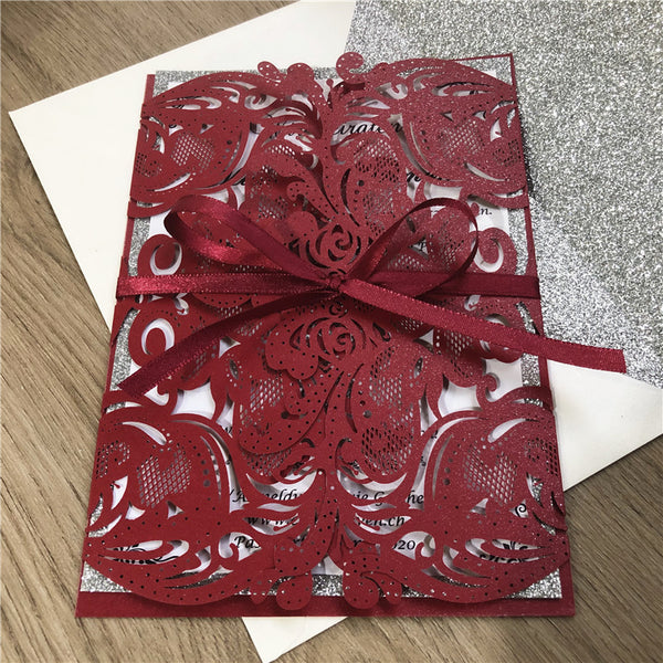 Intriguing Burrgundy Laser Cut Wedding Invitations with Sivler Glitter Backer and floral pattern Lcz051 (3)