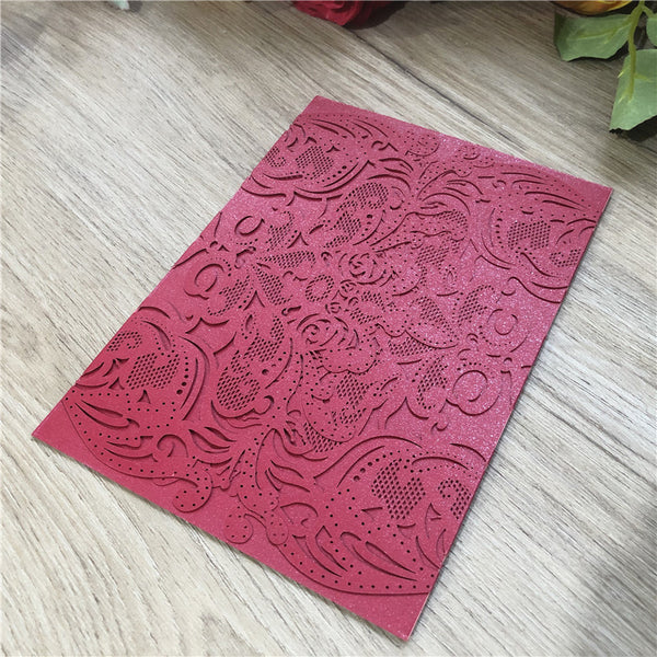 Intriguing Burrgundy Laser Cut Wedding Invitations with Sivler Glitter Backer and floral pattern Lcz051 (5)