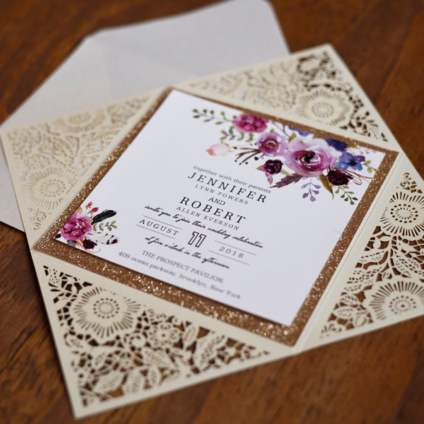 Ivory Floral Lasercut Invitation with Gold Glitter Trim and Watercolor Design (3)