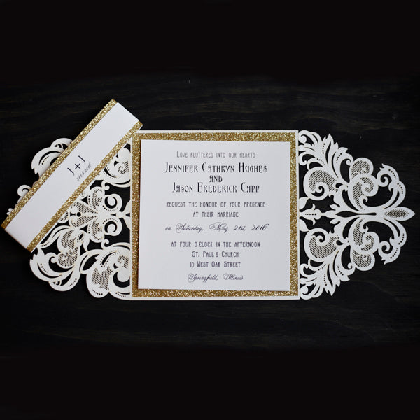 Ivory Lasercut with Gold Glitter and Monogram Belly Band Classic Wedding Invitation (2)