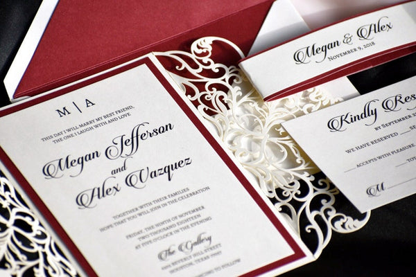Ivory and Burgundy Foil Laser Cut Wedding Invitation with Belly Band (4)