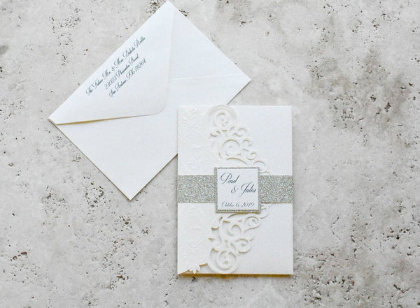 Ivory and Champagne Gold Laser Cut Wedding Invitations with Belly Band (3)